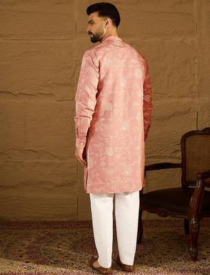 Men peach viscose rayon embroidered mandarin collar straight kurta 4