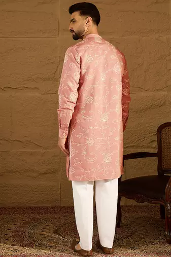Men peach viscose rayon embroidered mandarin collar straight kurta