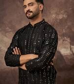 Men black silk blend solid embroidered straight kurta