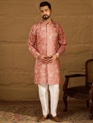 Men peach viscose rayon embroidered mandarin collar straight kurta 5