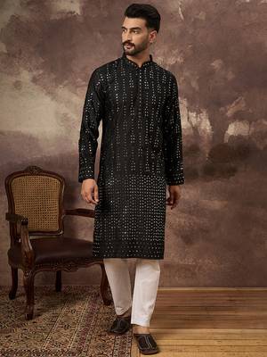 Men black silk blend solid embroidered straight kurta 2