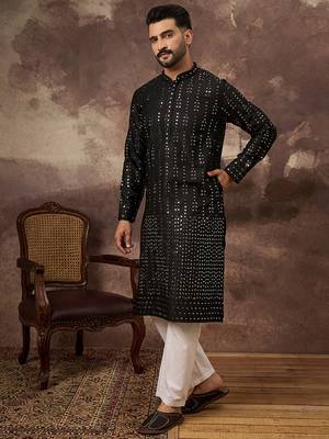 Men black silk blend solid embroidered straight kurta 3