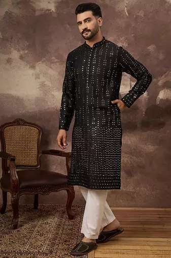 Men black silk blend solid embroidered straight kurta