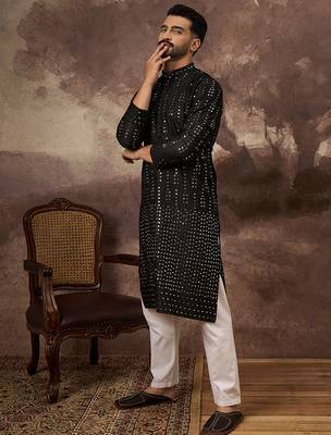 Men black silk blend solid embroidered straight kurta 5