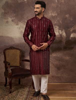 Men maroon silk blend solid embroidered straight kurta 2