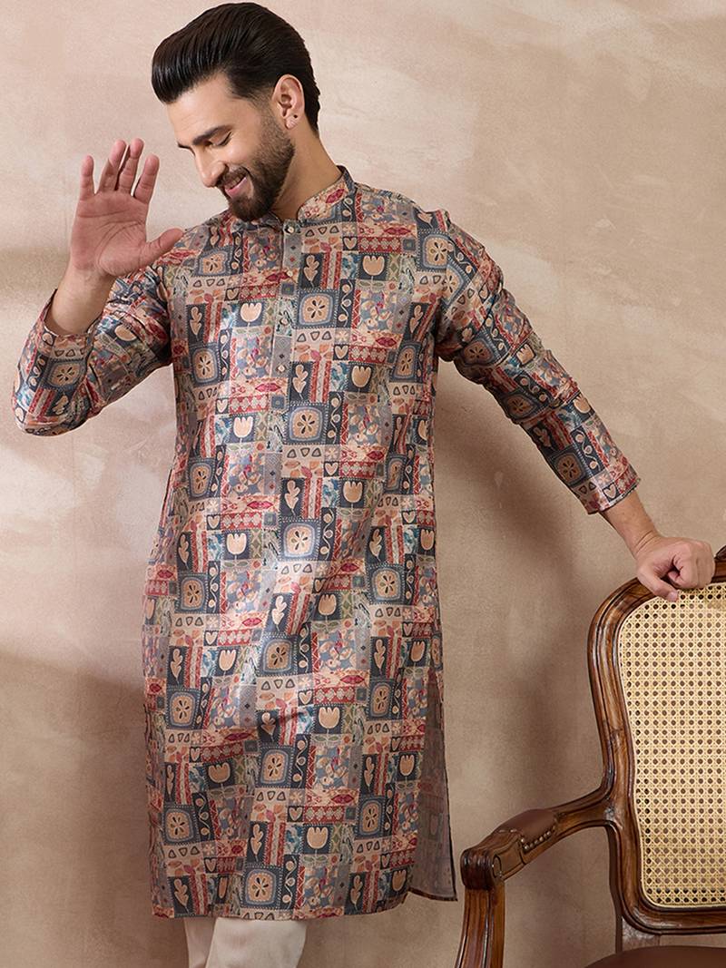 Men multi silk blend printed mandarin collar straight kurta