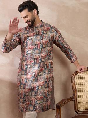 Men multi silk blend printed mandarin collar straight kurta 1