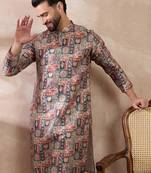 Men multi silk blend printed mandarin collar straight kurta