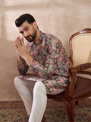 Men multi silk blend printed mandarin collar straight kurta 2