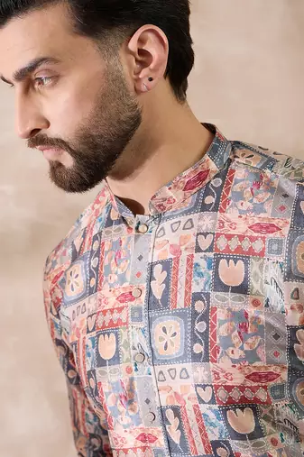 Men multi silk blend printed mandarin collar straight kurta