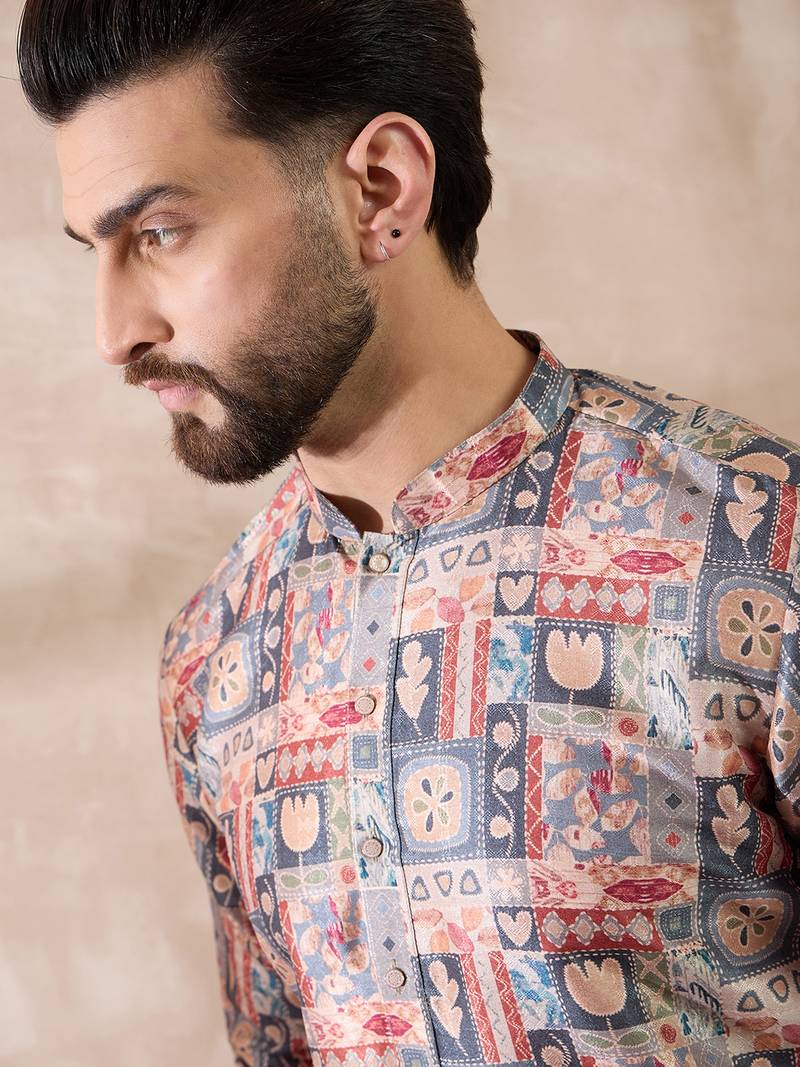 Men multi silk blend printed mandarin collar straight kurta
