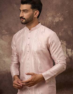 Men pink silk blend solid embroidered straight kurta 1