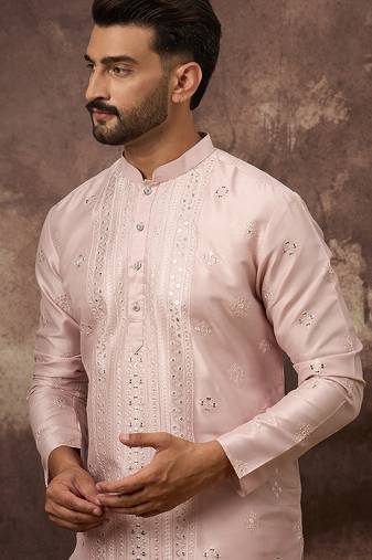 Men pink silk blend solid embroidered straight kurta