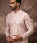 Men pink silk blend solid embroidered straight kurta