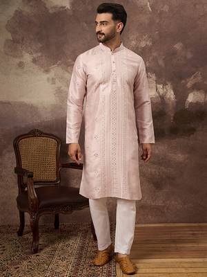 Men pink silk blend solid embroidered straight kurta 2