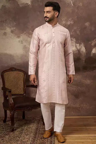 Men pink silk blend solid embroidered straight kurta