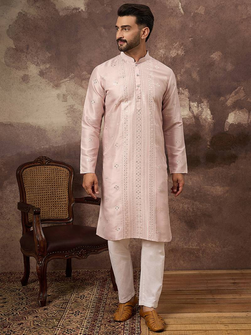 Men pink silk blend solid embroidered straight kurta
