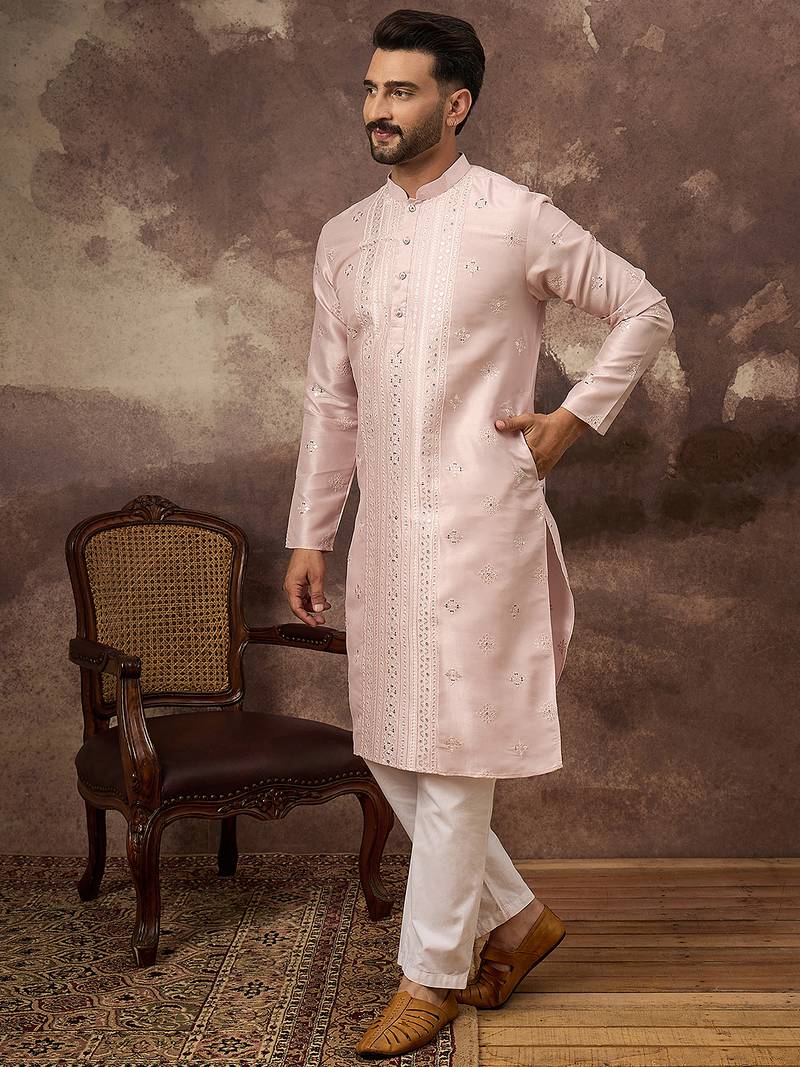 Men pink silk blend solid embroidered straight kurta