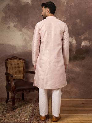 Men pink silk blend solid embroidered straight kurta 4