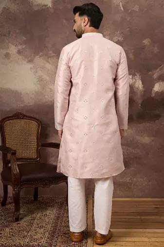 Men pink silk blend solid embroidered straight kurta