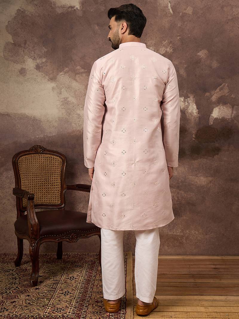Men pink silk blend solid embroidered straight kurta