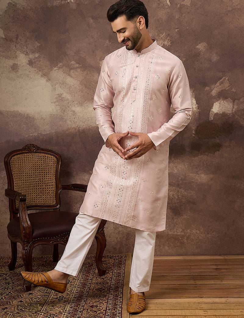 Men pink silk blend solid embroidered straight kurta