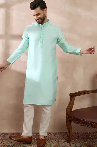 Men teal polyester woven design mandarin collar straight kurta