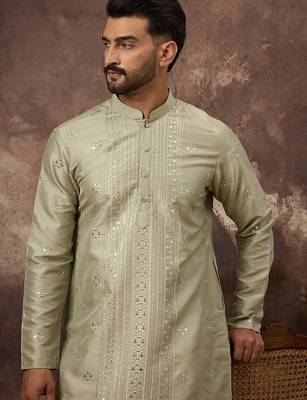 Men green silk blend solid embroidered straight kurta 2
