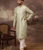 Men green silk blend solid embroidered straight kurta