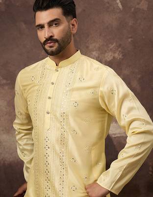 Men yellow silk blend solid embroidered straight kurta 1