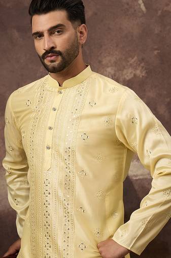 Men yellow silk blend solid embroidered straight kurta