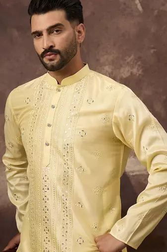 Men yellow silk blend solid embroidered straight kurta