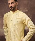 Men yellow silk blend solid embroidered straight kurta