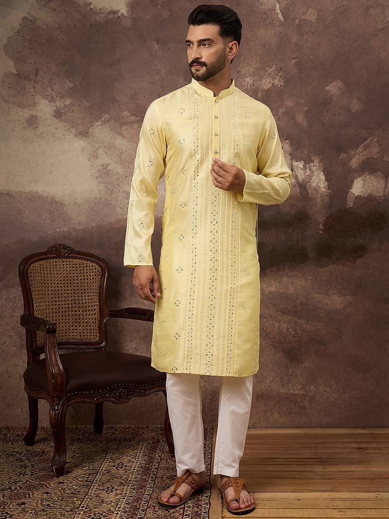 Men yellow silk blend solid embroidered straight kurta