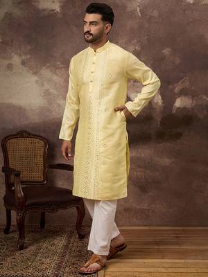 Men yellow silk blend solid embroidered straight kurta 3
