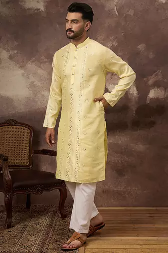 Men yellow silk blend solid embroidered straight kurta