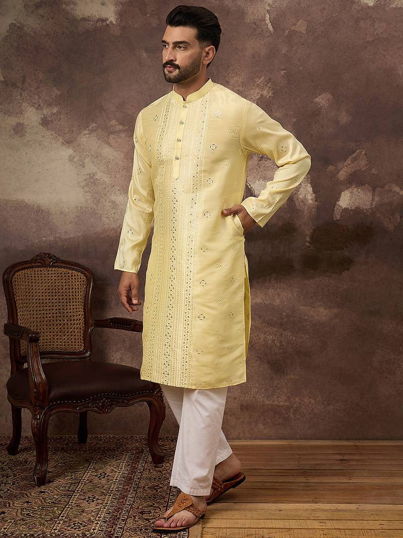 Men yellow silk blend solid embroidered straight kurta