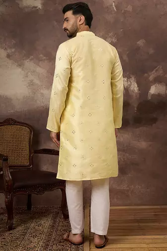 Men yellow silk blend solid embroidered straight kurta