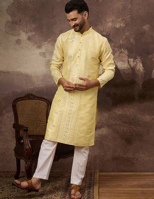 Men yellow silk blend solid embroidered straight kurta 5