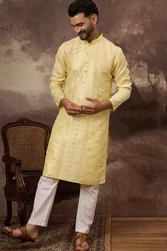 Men yellow silk blend solid embroidered straight kurta