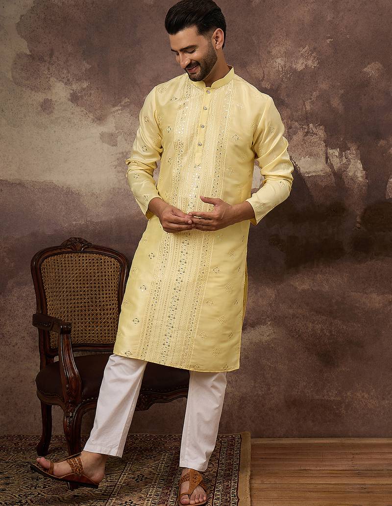 Men yellow silk blend solid embroidered straight kurta