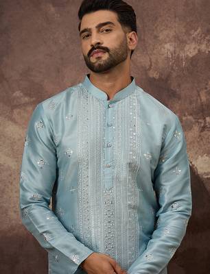 Men blue silk blend solid embroidered straight kurta 1