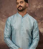 Men blue silk blend solid embroidered straight kurta