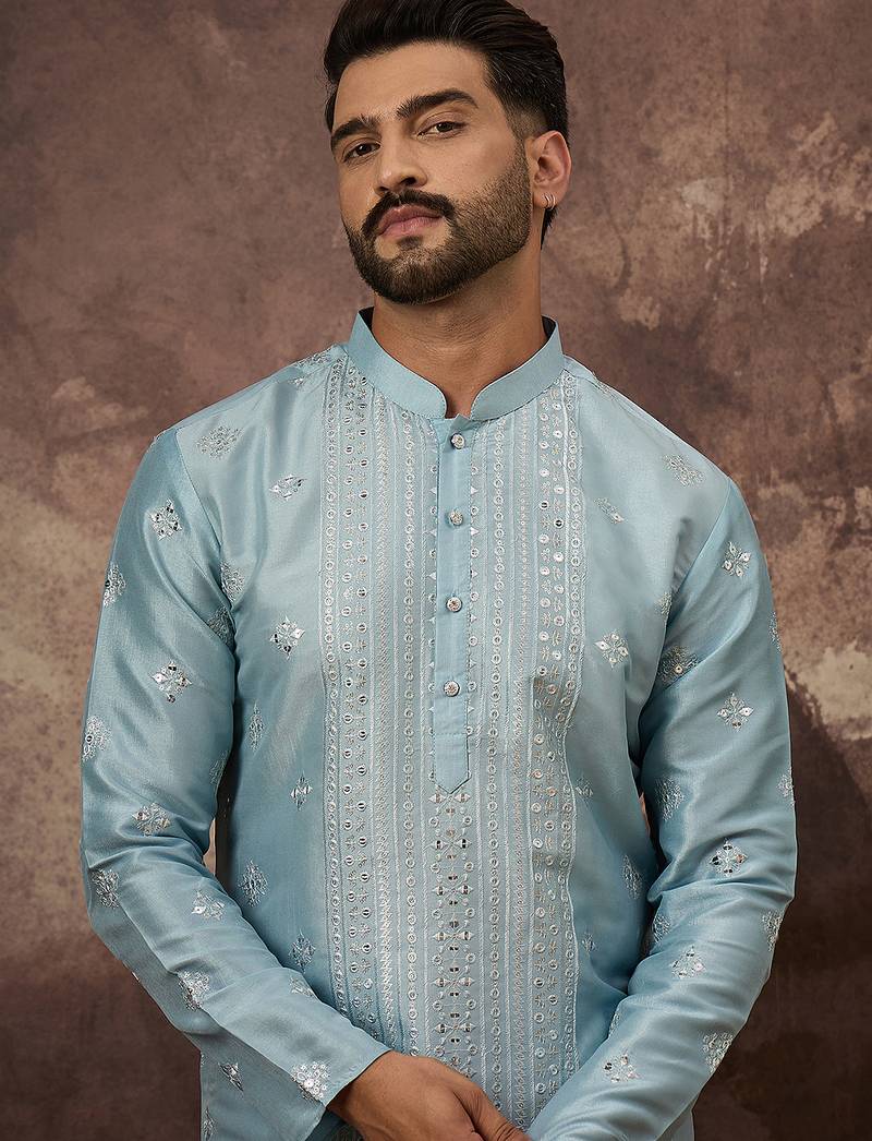Men blue silk blend solid embroidered straight kurta