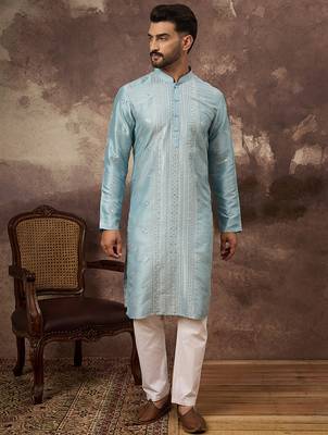 Men blue silk blend solid embroidered straight kurta 2