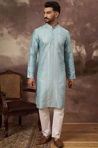 Men blue silk blend solid embroidered straight kurta