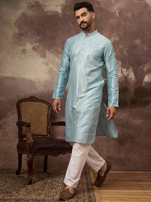 Men blue silk blend solid embroidered straight kurta 3