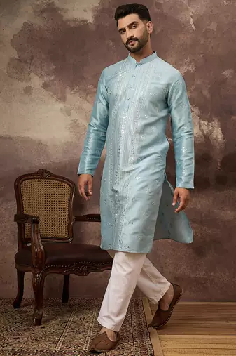 Men blue silk blend solid embroidered straight kurta