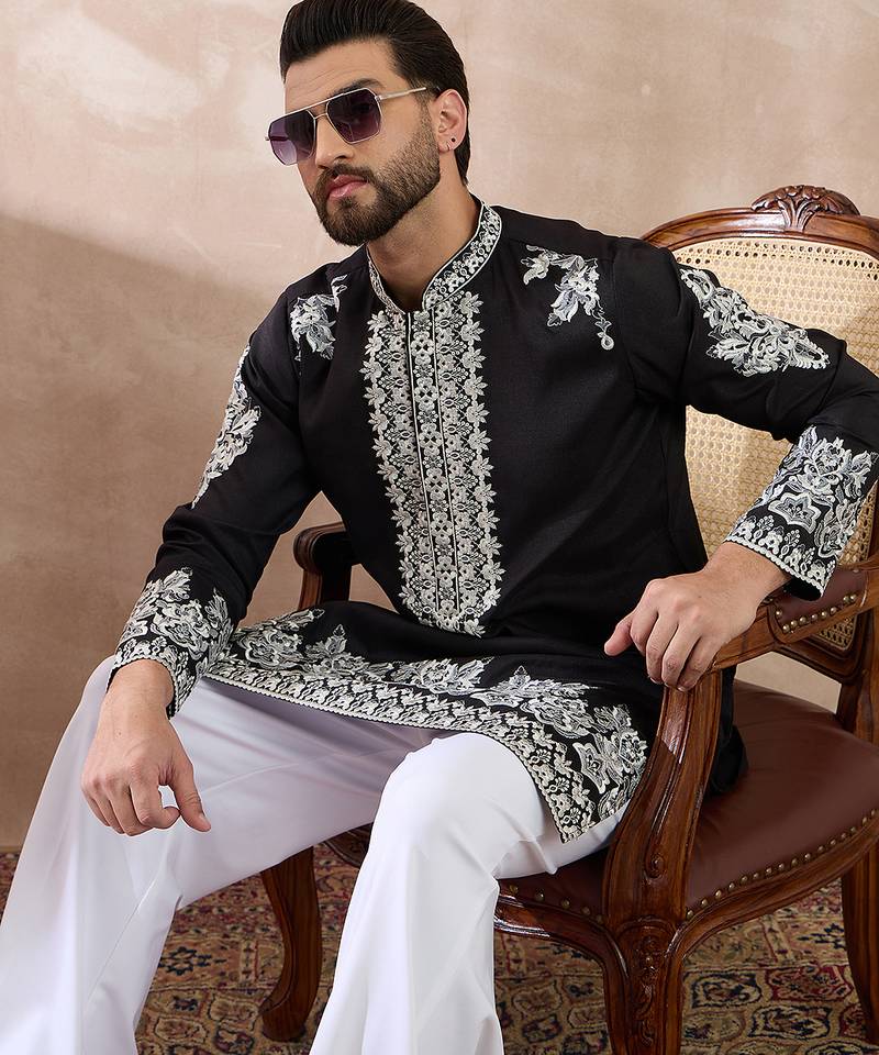 Men black silk blend embroidered mandarin collar straight kurta