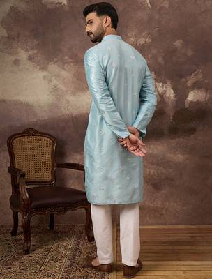 Men blue silk blend solid embroidered straight kurta 4
